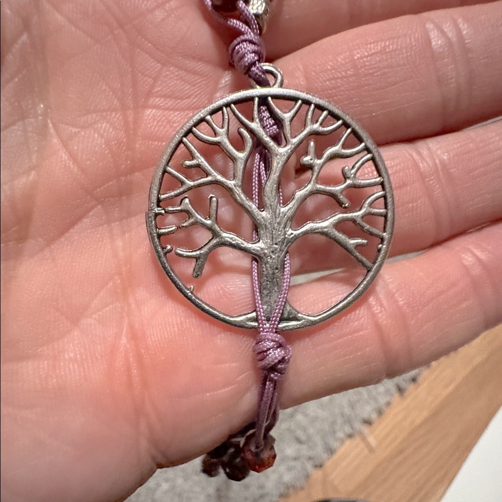 VINTAGE TREE OF LIFE AMETHYST DANGLE ADJUSTABE TIE 30-40" NECKLACE EARRING SET - Picture 3 of 11